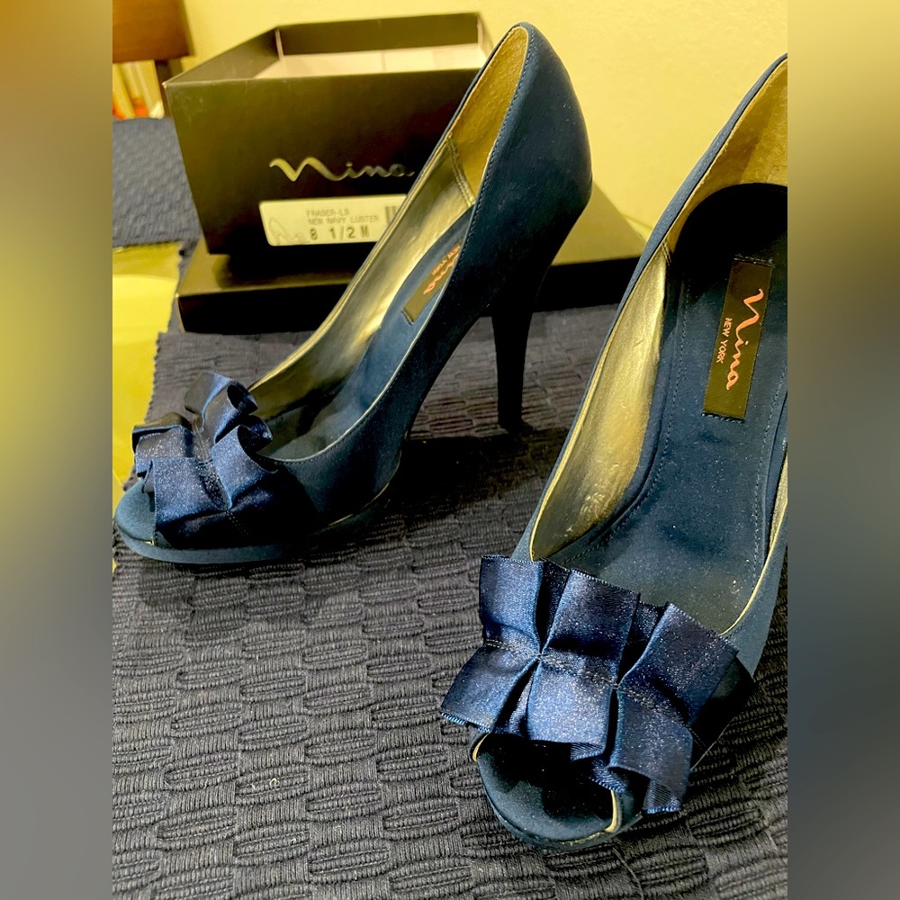 Nina Pumps 8 Formal Satin Peep Toe 4.5" Heel Royal Navy Blue Ruffle Bow Slip On
